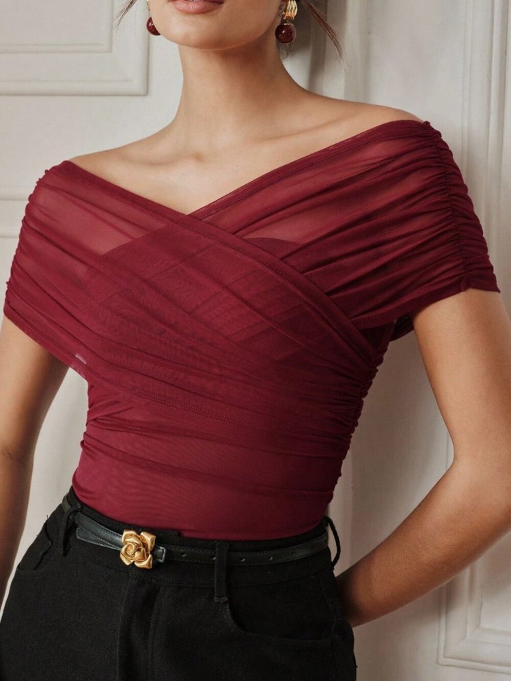 Burgundy Casual Women's Off-Shoulder Mesh Bodycon Bodysuit - Picture 9 of 10